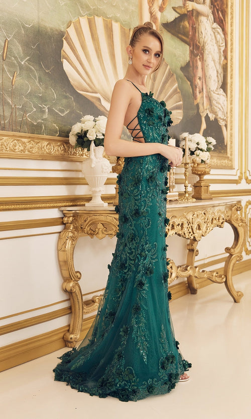 Nox Anabel C1098 Emerald Green Backless Prom Dress with 3-D Flowers