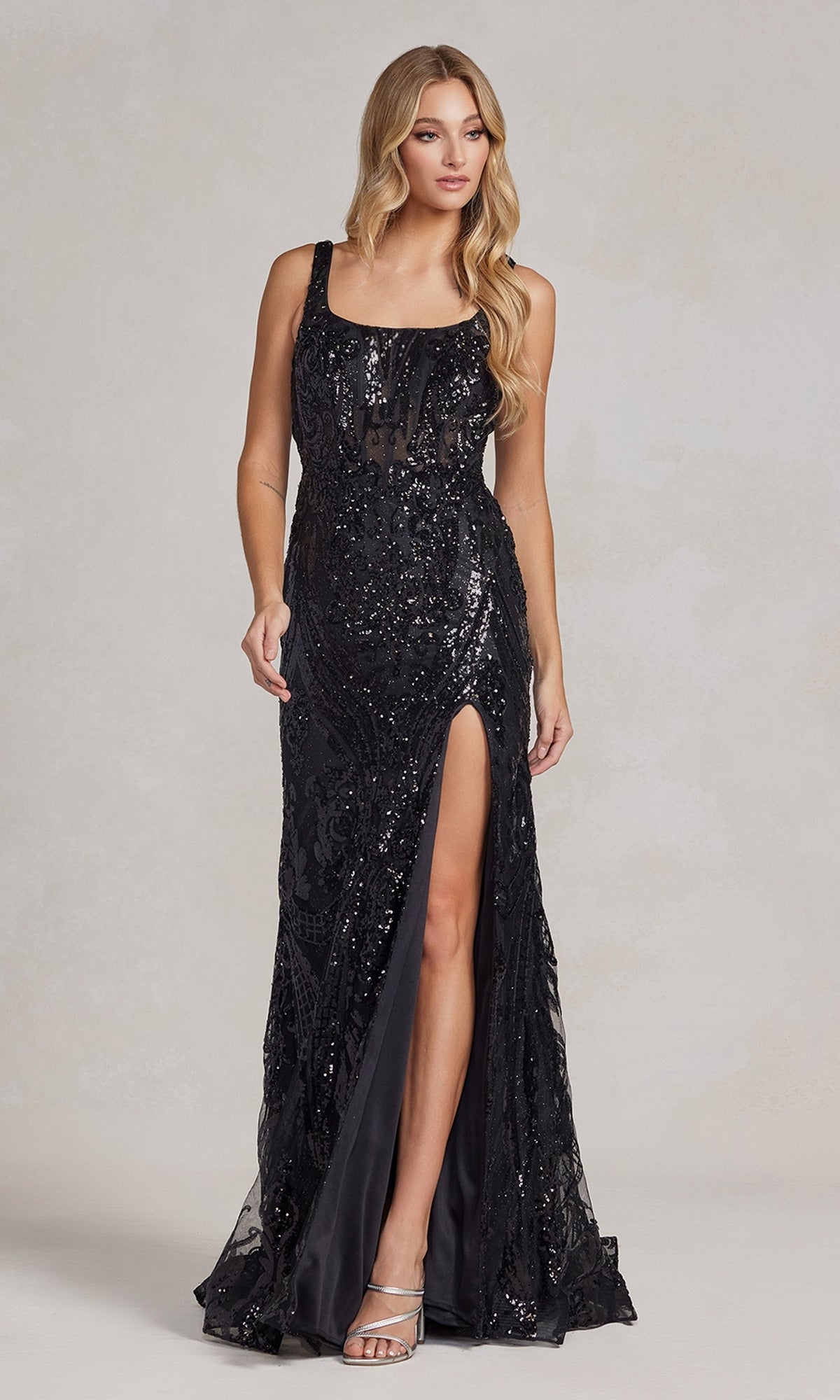 Sheer and Sequin-Lace Detailed Long Prom Dress