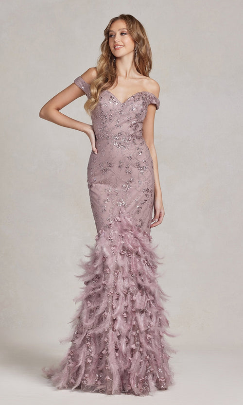 Vestido de fiesta glamuroso con brillo y falda de plumas C1106