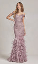 Vestido de fiesta glamuroso con brillo y falda de plumas C1106
