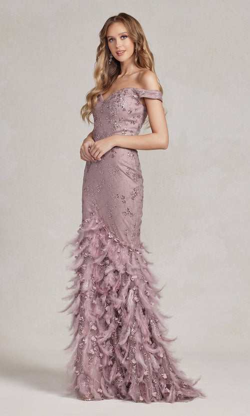 Vestido de fiesta glamuroso con brillo y falda de plumas C1106