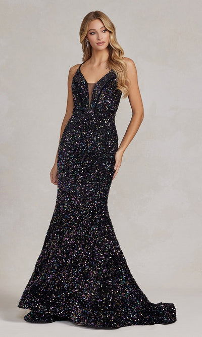 Nox Anabel 22E1044 Allover Sequin Long Prom Dress with Elegant Lace-Up Back