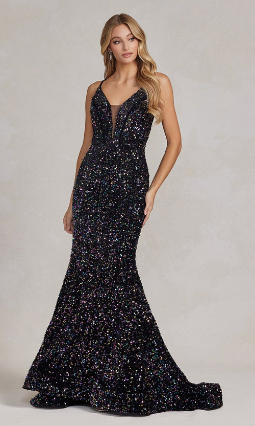 Vestido de fiesta largo con lentejuelas y elegante espalda con cordones