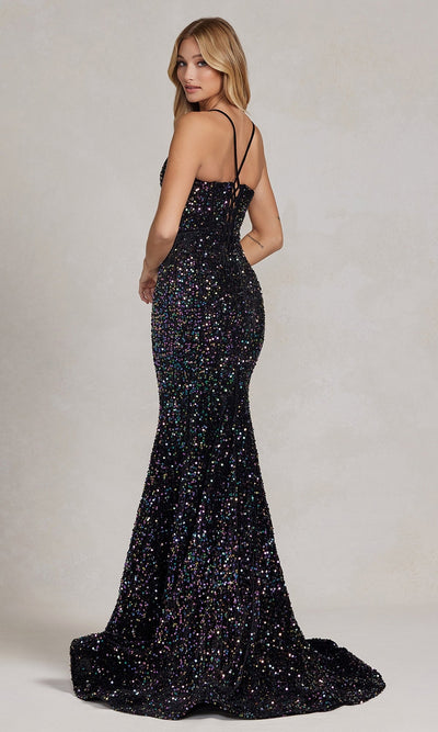 Nox Anabel 22E1044 Allover Sequin Long Prom Dress with Elegant Lace-Up Back