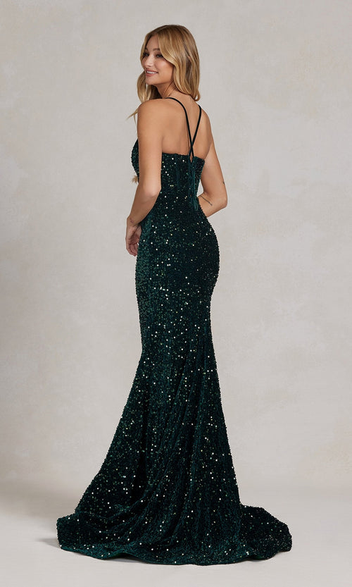 Vestido de fiesta largo con lentejuelas y elegante espalda con cordones