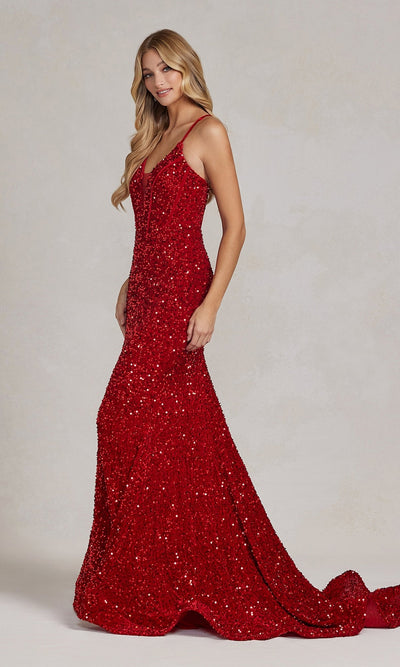 Nox Anabel 22E1044 Allover Sequin Long Prom Dress with Elegant Lace-Up Back