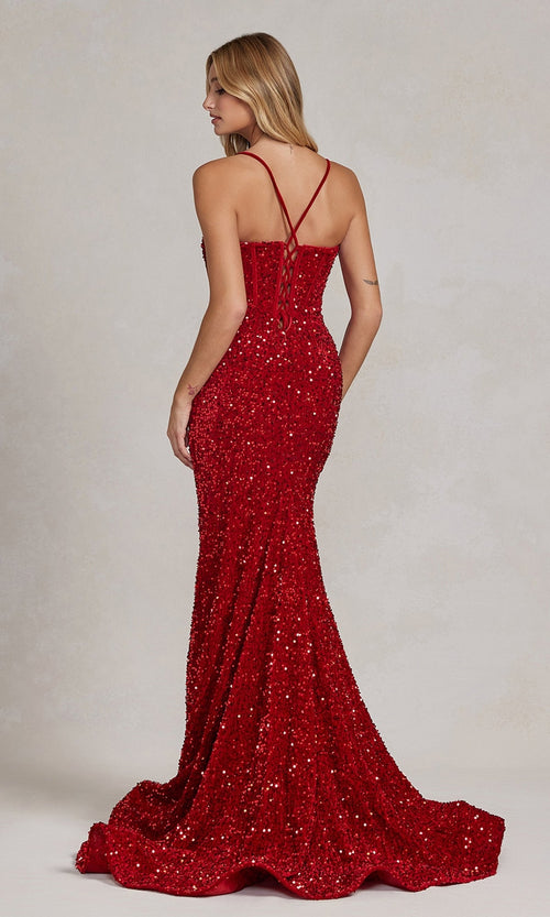 Vestido de fiesta largo con lentejuelas y elegante espalda con cordones
