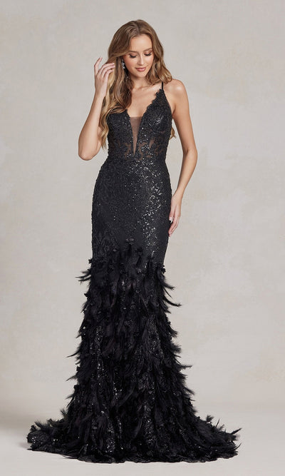 Nox Anabel C1111 Sequin Prom Gown with Dramatic Feather and 3-D Flower Design