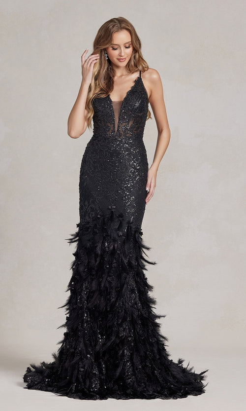Nox Anabel C1111 Sequin Prom Gown with Dramatic Feather and 3-D Flower Design