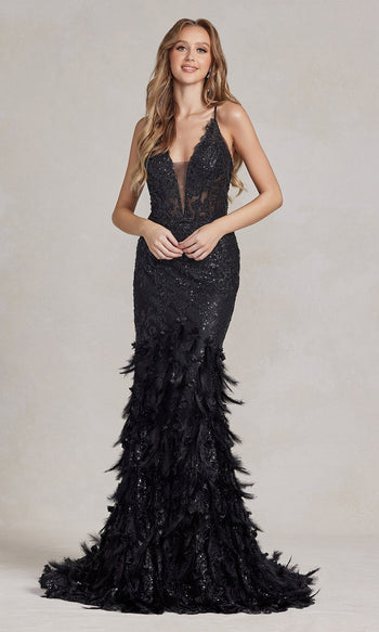 Vestido de fiesta con lentejuelas y diseño espectacular de plumas y flores en 3D - C1111