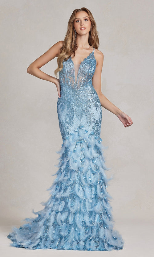 Nox Anabel C1111 Sequin Prom Gown with Dramatic Feather and 3-D Flower Design