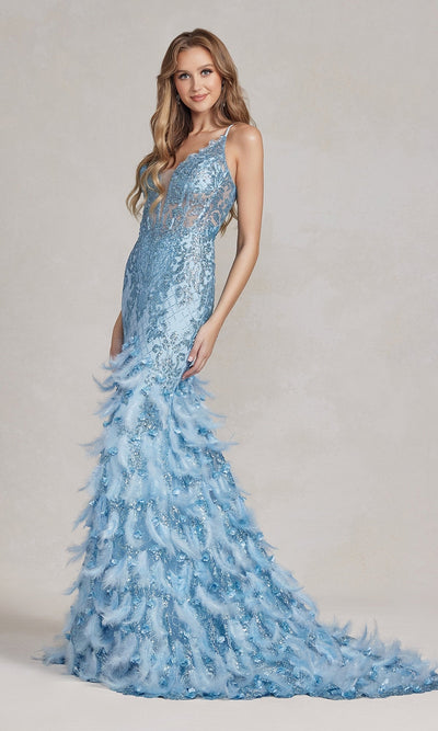 Nox Anabel C1111 Sequin Prom Gown with Dramatic Feather and 3-D Flower Design