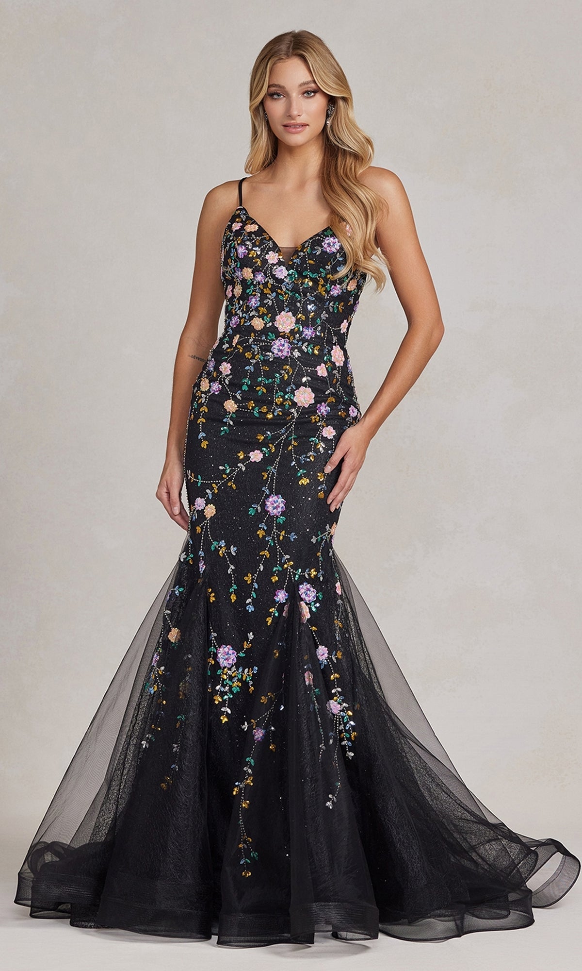 Sparkling Floral Sequin Mermaid Gown with Flattering V-Neck