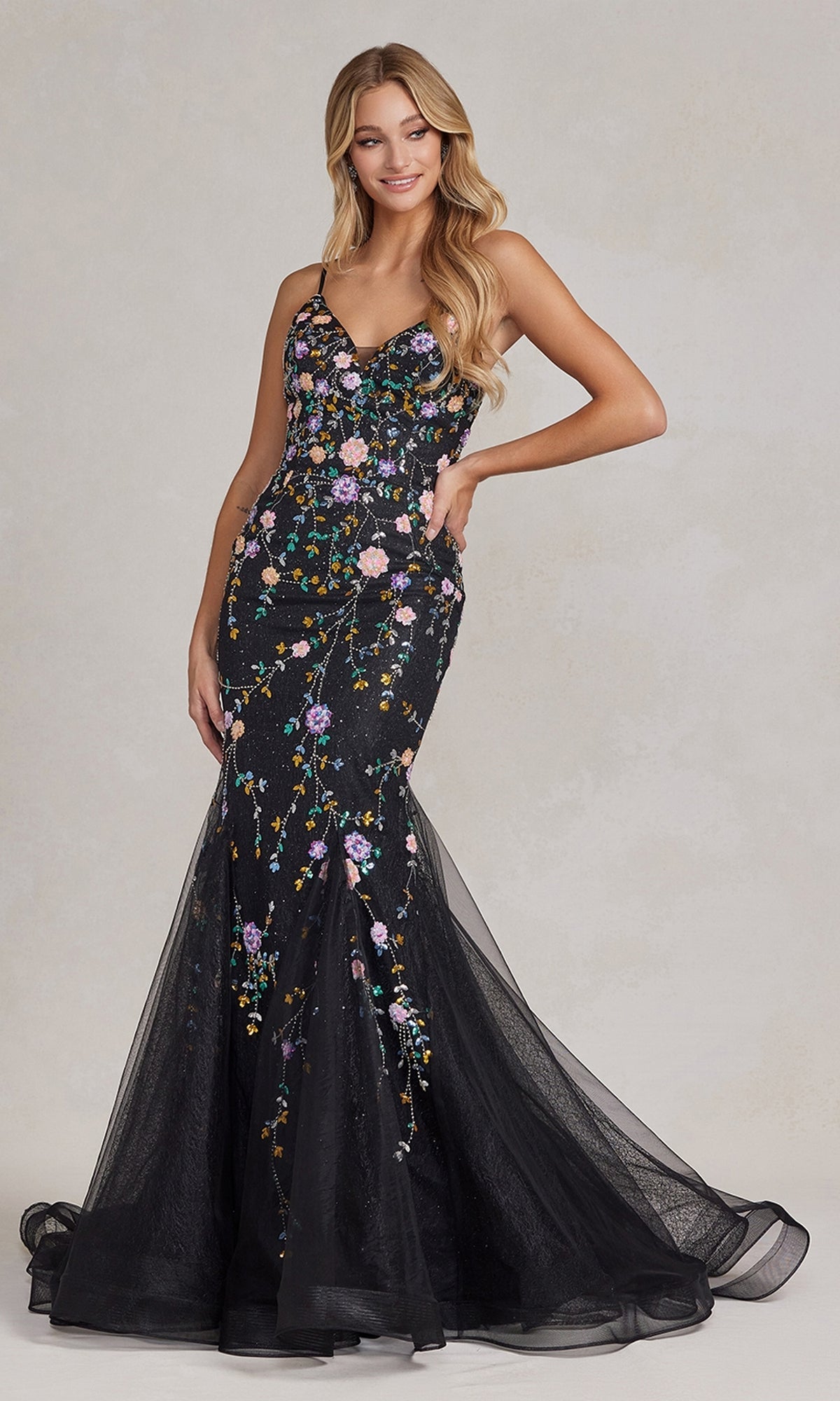 Sparkling Floral Sequin Mermaid Gown with Flattering V-Neck