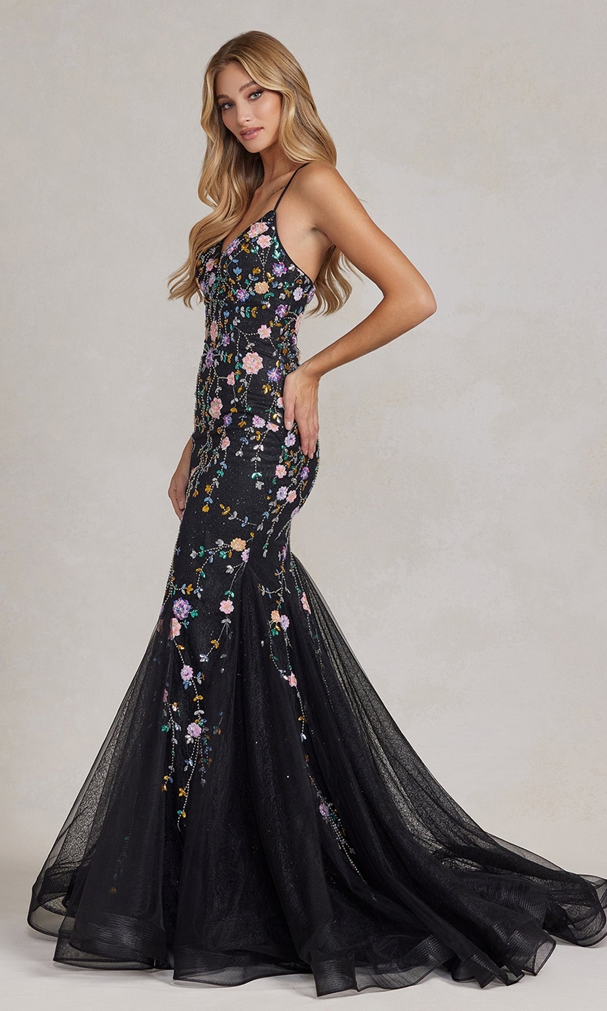 Sparkling Floral Sequin Mermaid Gown with Flattering V-Neck