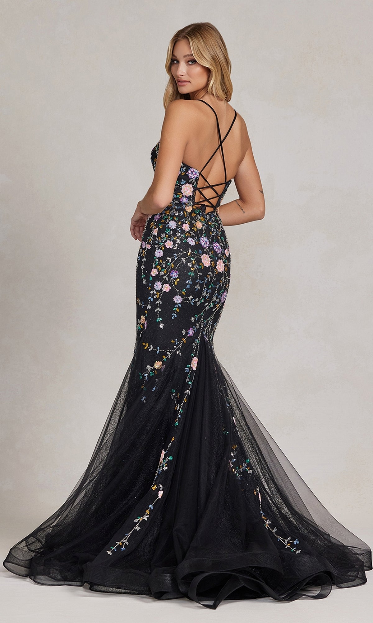 Sparkling Floral Sequin Mermaid Gown with Flattering V-Neck