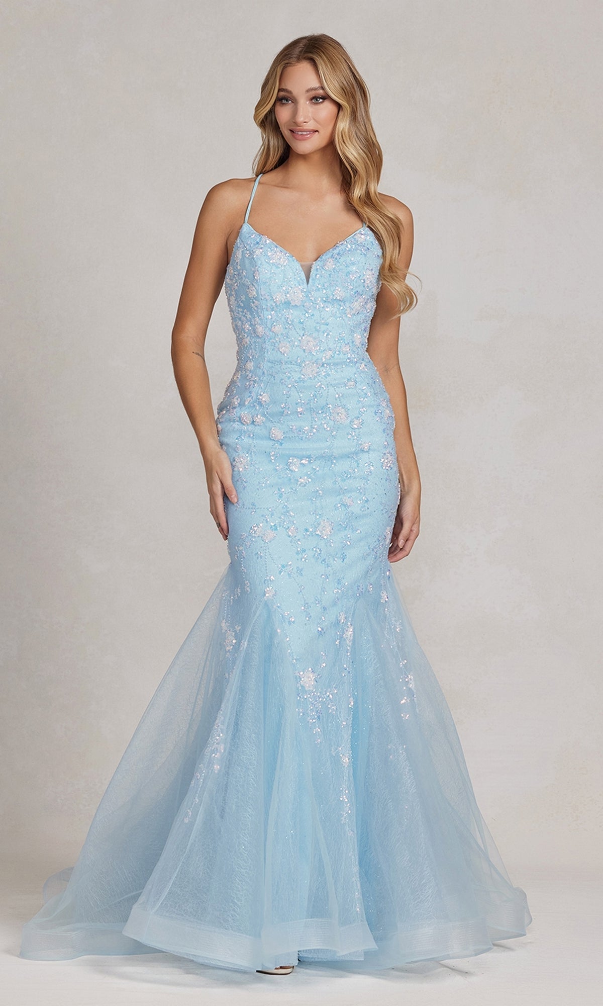 Sparkling Floral Sequin Mermaid Gown with Flattering V-Neck