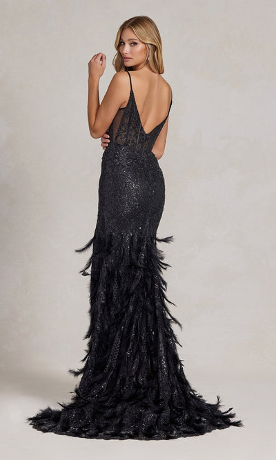 Nox Anabel C1119 Feathered Skirt Shimmer Evening Gown with Open Back