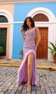 Vestido de fiesta largo color lila C1411 con estampado de cuentas