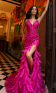 C1422 – Feathered Long Prom Dress with Glitter Print