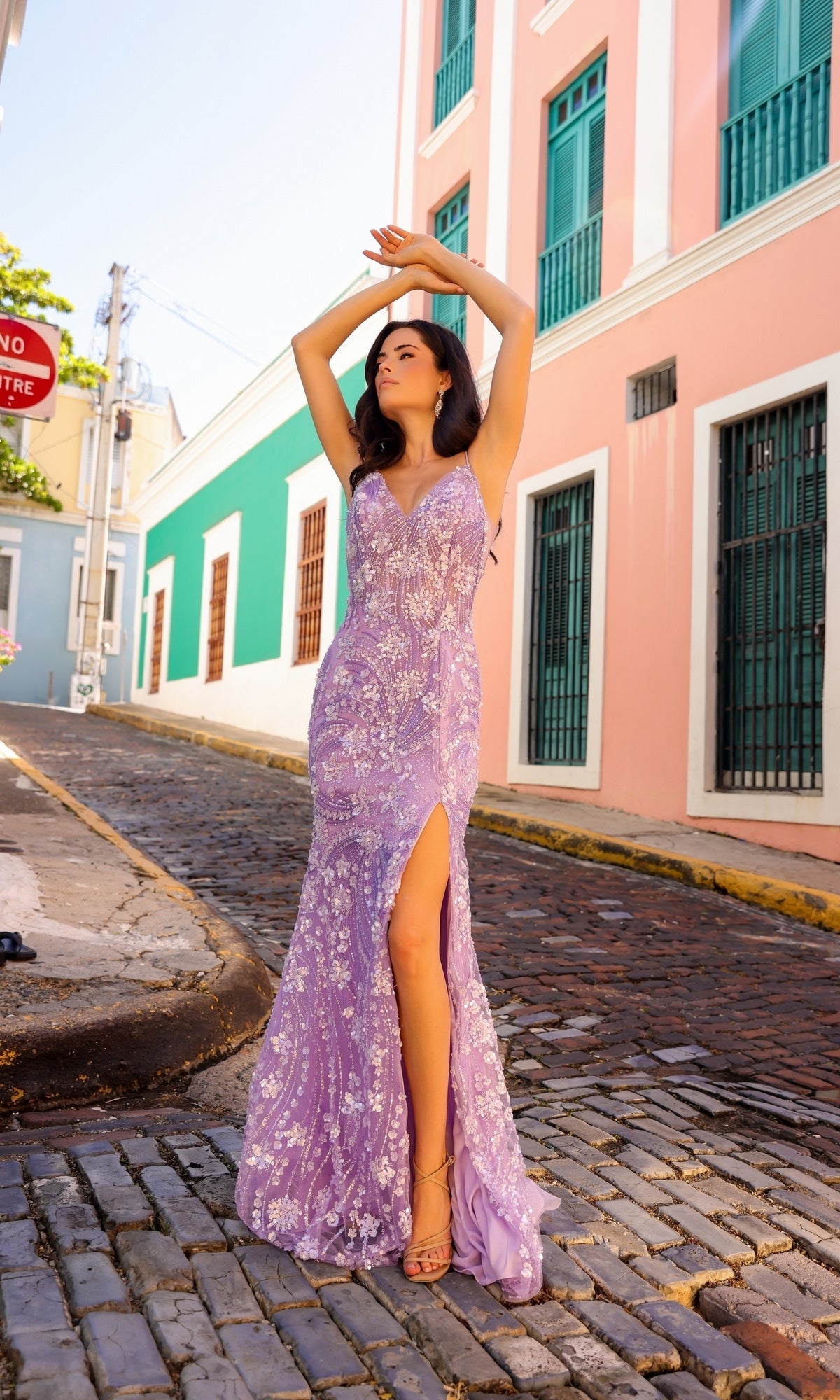 Long Prom Dress C1458 with Sequin Floral Print