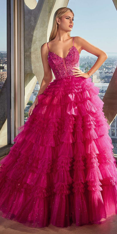Ladivine C152 Long Glitter Flocked Tiered Ruffle A-Line Ball Gown