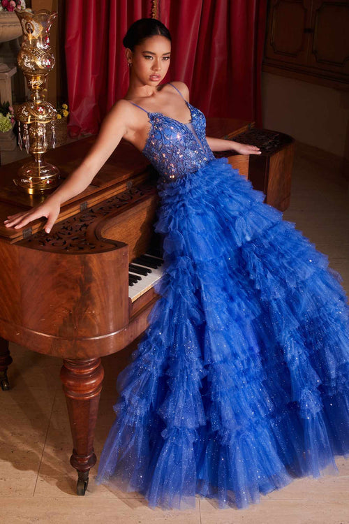 Ladivine C152 Long Glitter Flocked Tiered Ruffle Dress