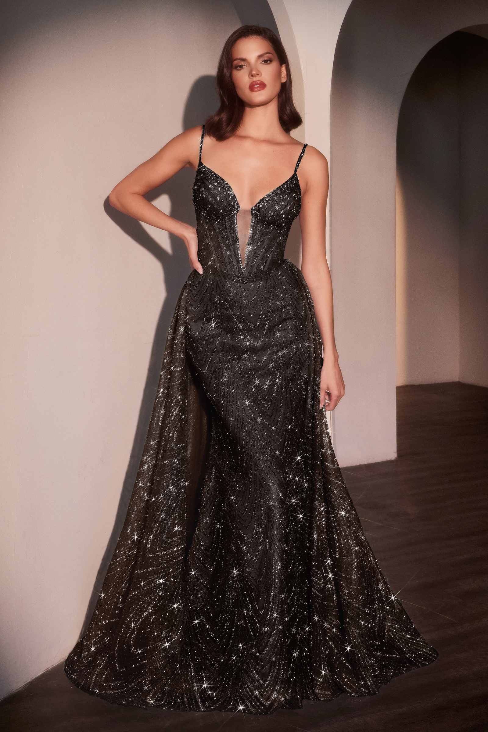 Ladivine C167 Glitter Printed Fitted Gown with Overskirt
