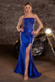 Ladivine C168 Fitted Strapless Floral Beaded Stretch Satin Gown