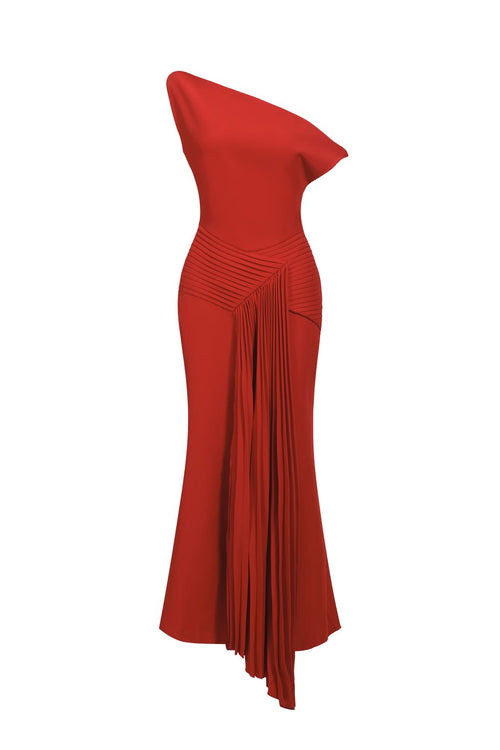 Bella Barnett Jillian Oblique Shoulder Sleeveless Folds Cocktail Party Midi Dress