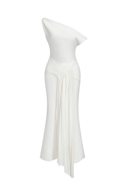 Bella Barnett Paulina Oblique Shoulder Sleeveless Folds Cocktail Party Midi Dress