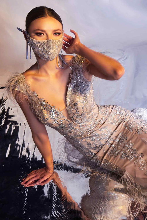 Cinderella Divine C57 Mermaid Gown with Feathered V-Neck