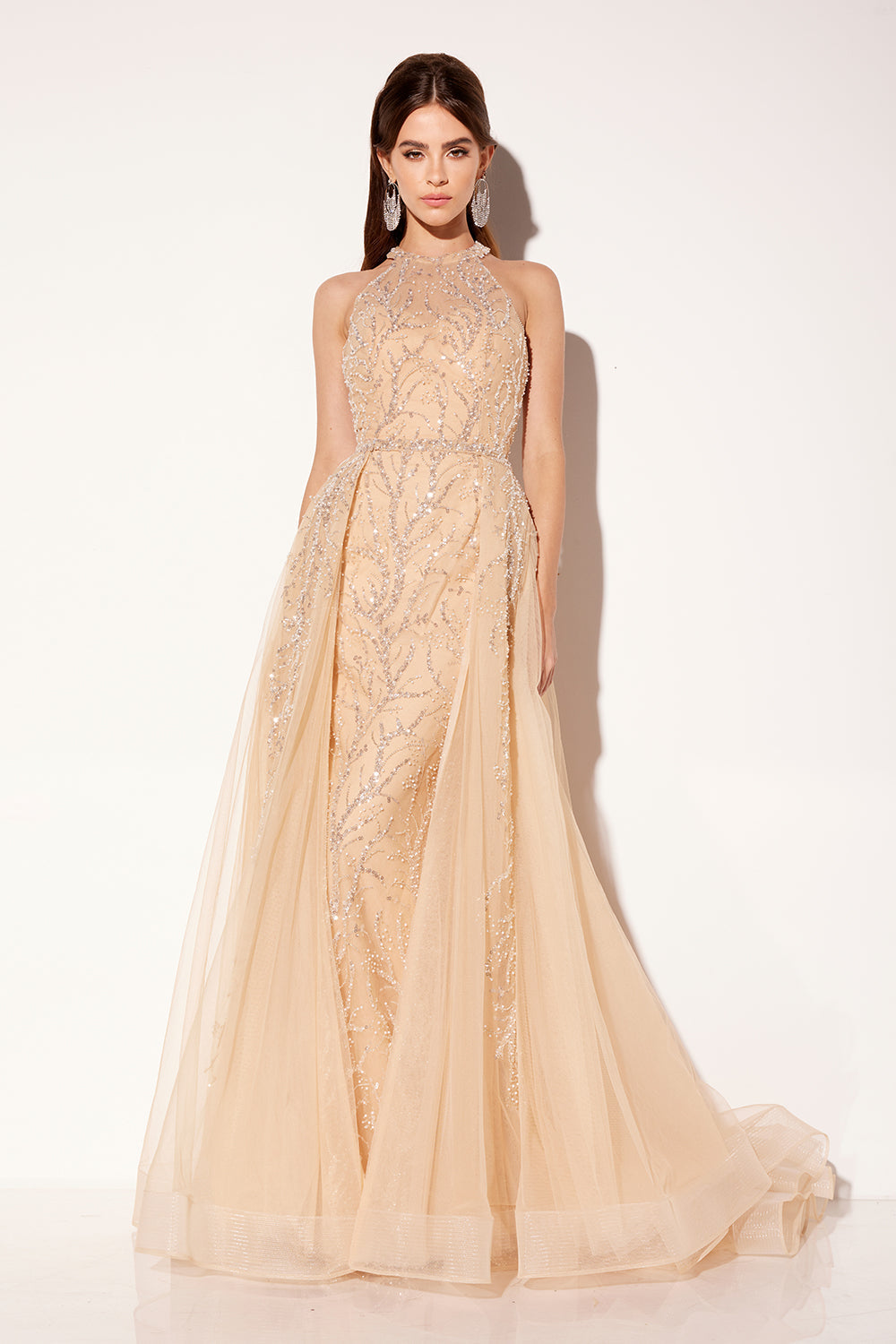 Beaded Halter Overskirt Gown by Lucci Lu C8034