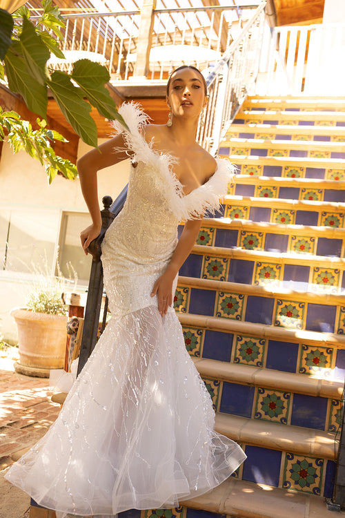 Feather Off Shoulder Mermaid Dress by Lucci Lu C8051