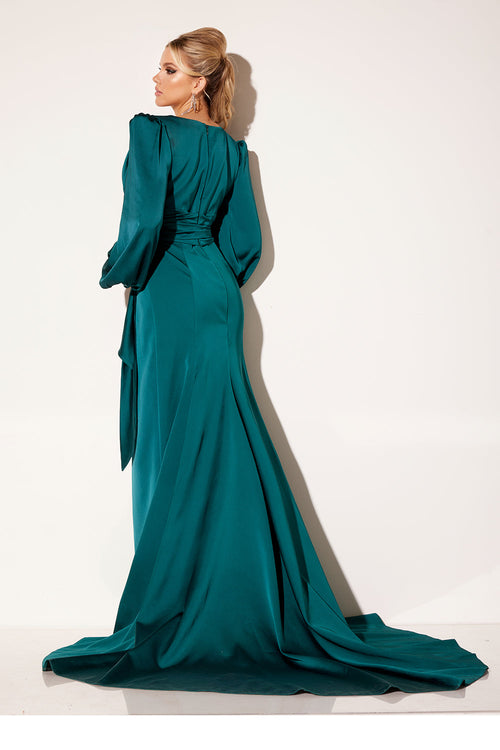 Satin Puff Sleeve Slit Gown by Lucci Lu C8088