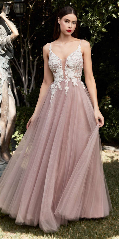 Cinderella Divine CB075 Long Floral A-Line Tulle Gown