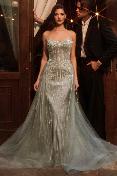 Ladivine CB158 Strapless Crystal Embellished Gown in Sage Green