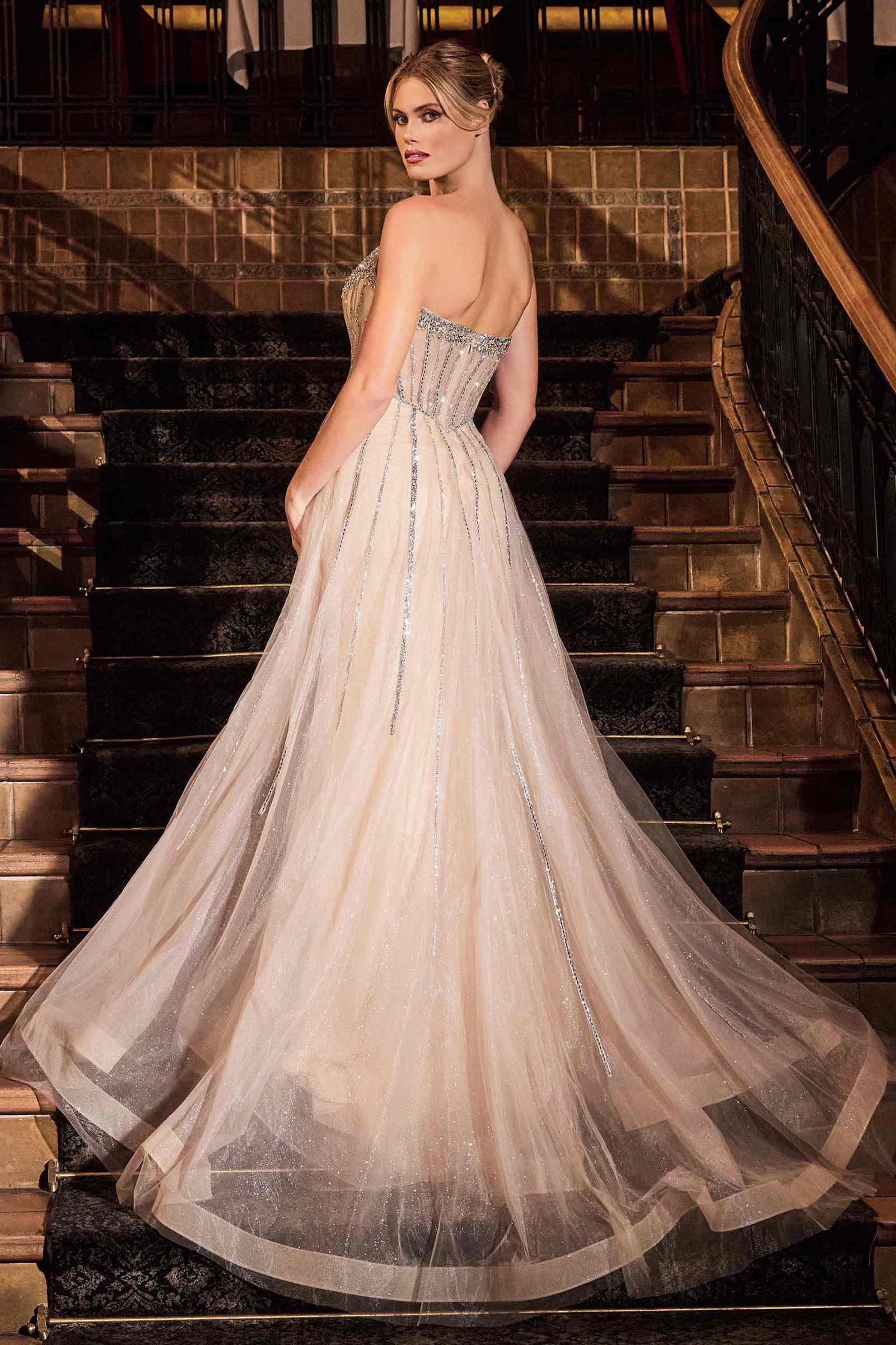Ladivine CB158 Strapless Crystal Embellished Gown in Sage Green