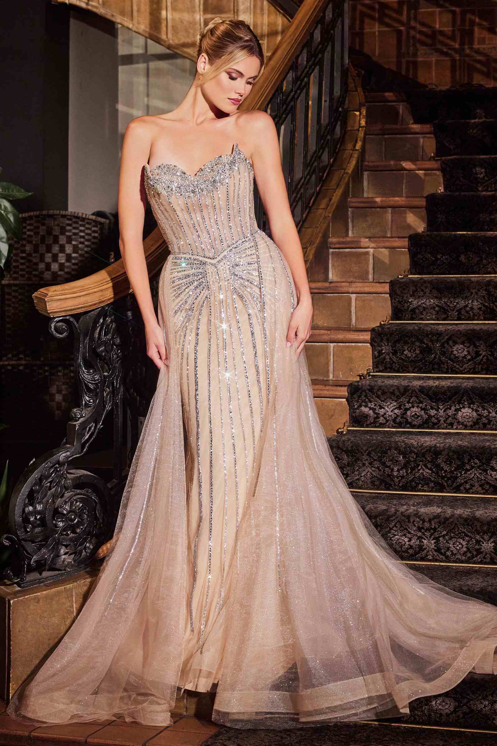 Ladivine CB158 Strapless Crystal Embellished Gown in Sage Green