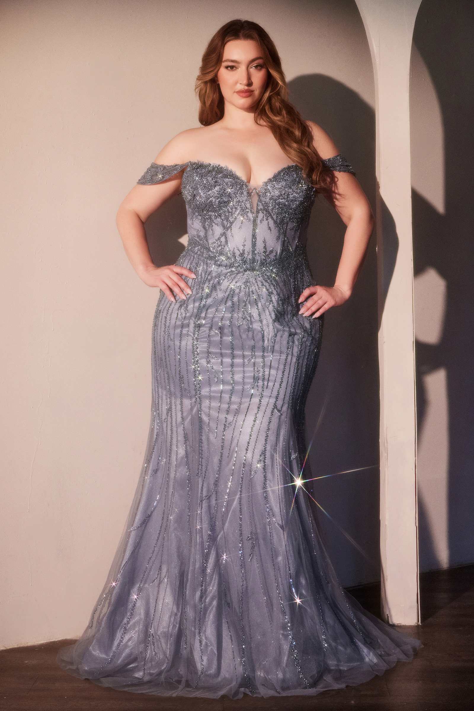 Ladivine CC341C Off The Shoulder Beaded Curve Gown