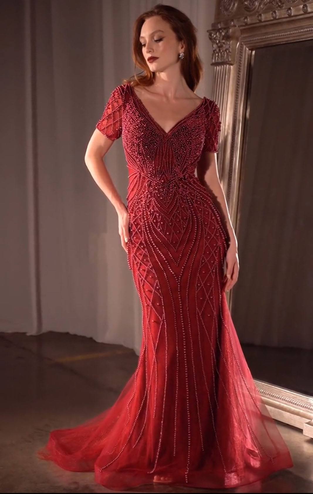 Ladivine CC4019 Dress Short Sleeve Beaded Fit & Flare Gown - BURGUNDY