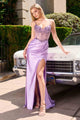 Ladivine CC408 Long Satin Fitted Gown Boned Embellished Bodice Slit