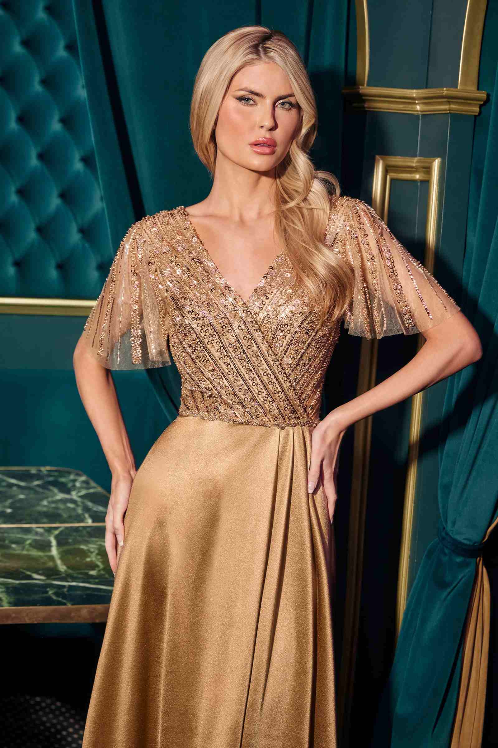 Ladivine CC447 Emerald Green Satin Evening Gown