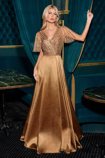 Ladivine CC447 Flutter Sleeves V-Neckline A-Line Satin Evening Gown