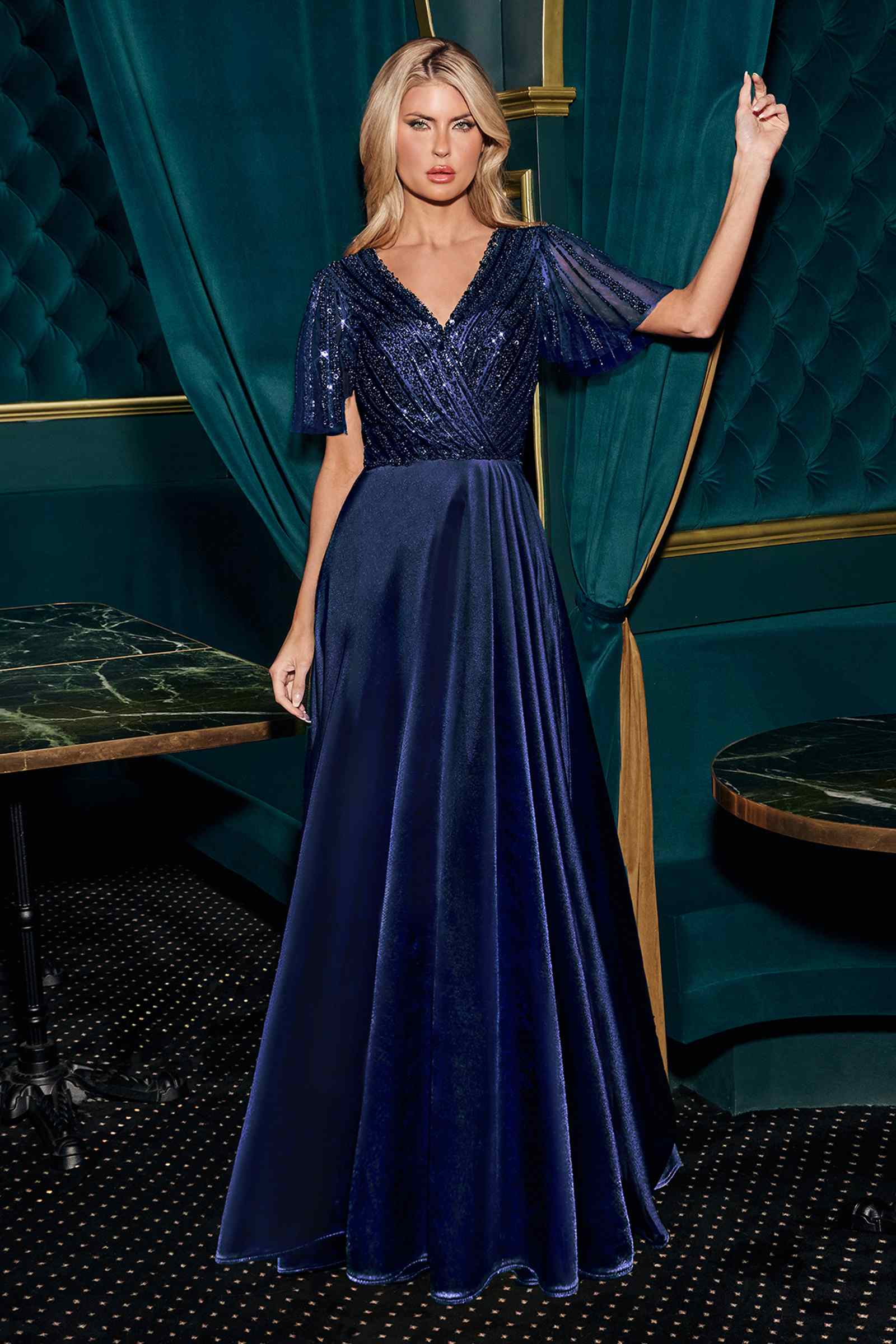 Ladivine CC447 Emerald Green Satin Evening Gown