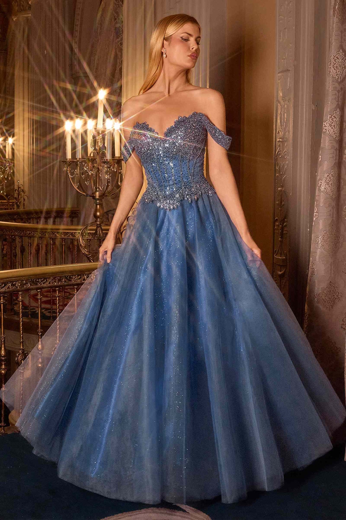 Ladivine CC471 Off Shoulder Glitter Tulle Corset Bodice A-line Ball Gown