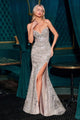 Ladivine CC8251 Strapless Fitted Gown V-neckline Linear Beaded Motif