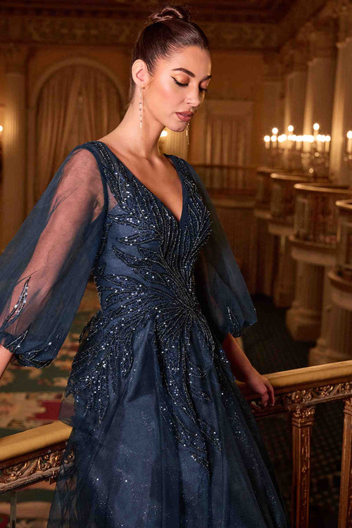 Ladivine CD0101 Navy Blue V-Neck Gown