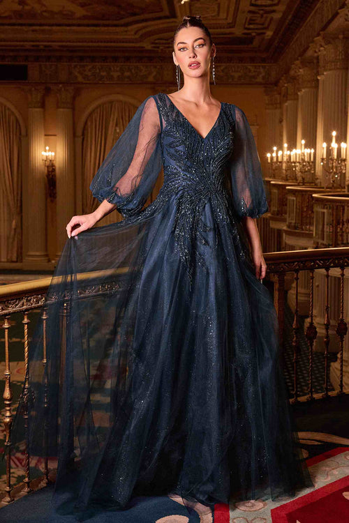 Ladivine CD0101 Navy Blue V-Neck Gown