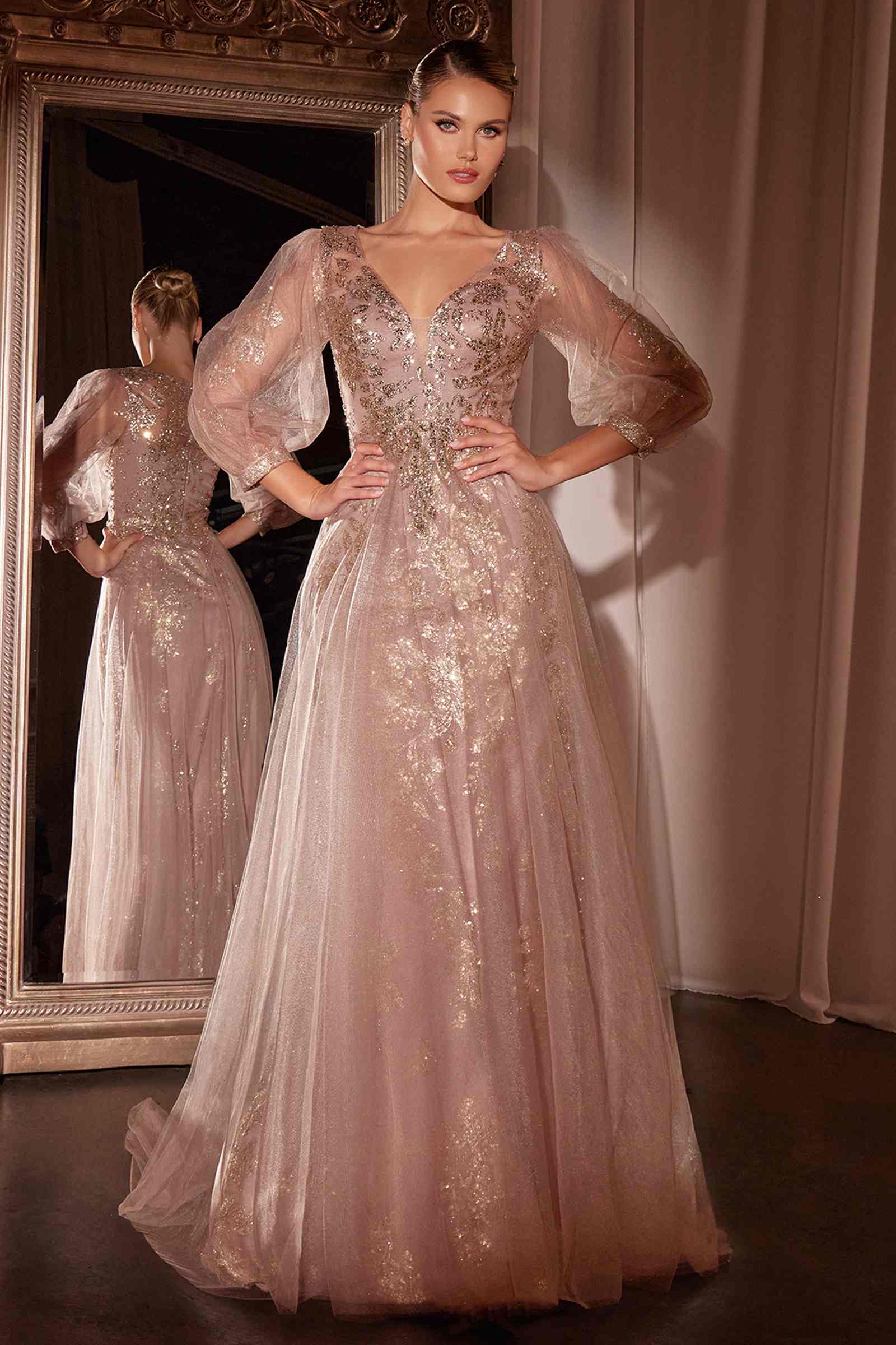 Ladivine CD0102 Dress Long Sleeve Layered Tulle A-Line Gown - mauve